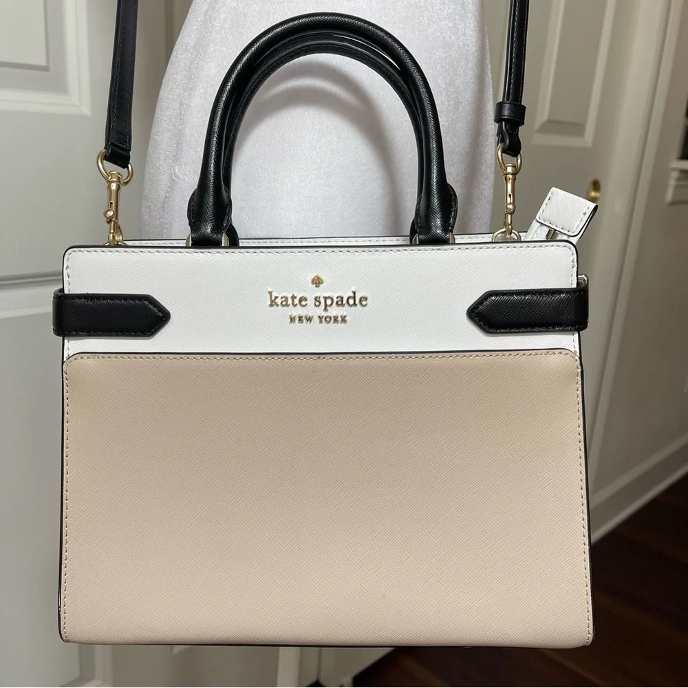 Kate Spade Staci Medium Satchel Crossbody Saffiano Leather Tan White Black